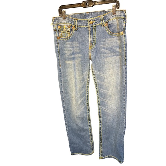 True Religion Denim - True Religion Sarah Big T Straight Leg Jeans Blue Yellow Stitch Size 31 USA